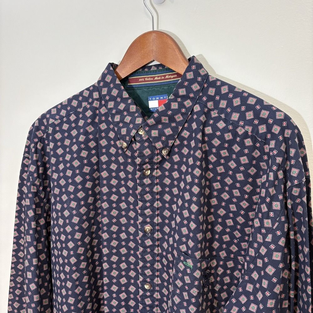 Tommy Hilfiger Vintage Shirt Mens XL Blue Red Paisley Button Down Logo Y2K 90s